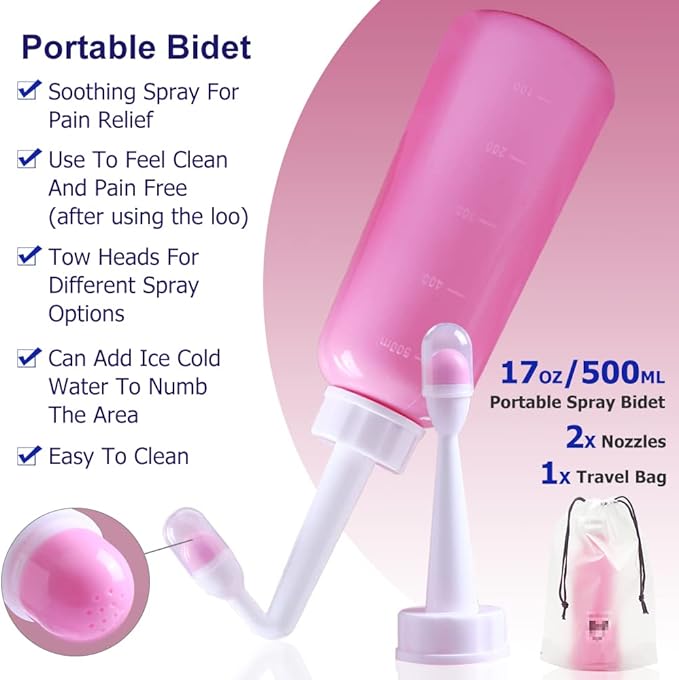 Peri Bottle - Postpartum and Perineal Care - 2 in 1 Portable Bidet - Portable Travel Bidet Sprayer for Women or Men- Handheld Jet Spray Bottle for Toilet (500ML, Pink)