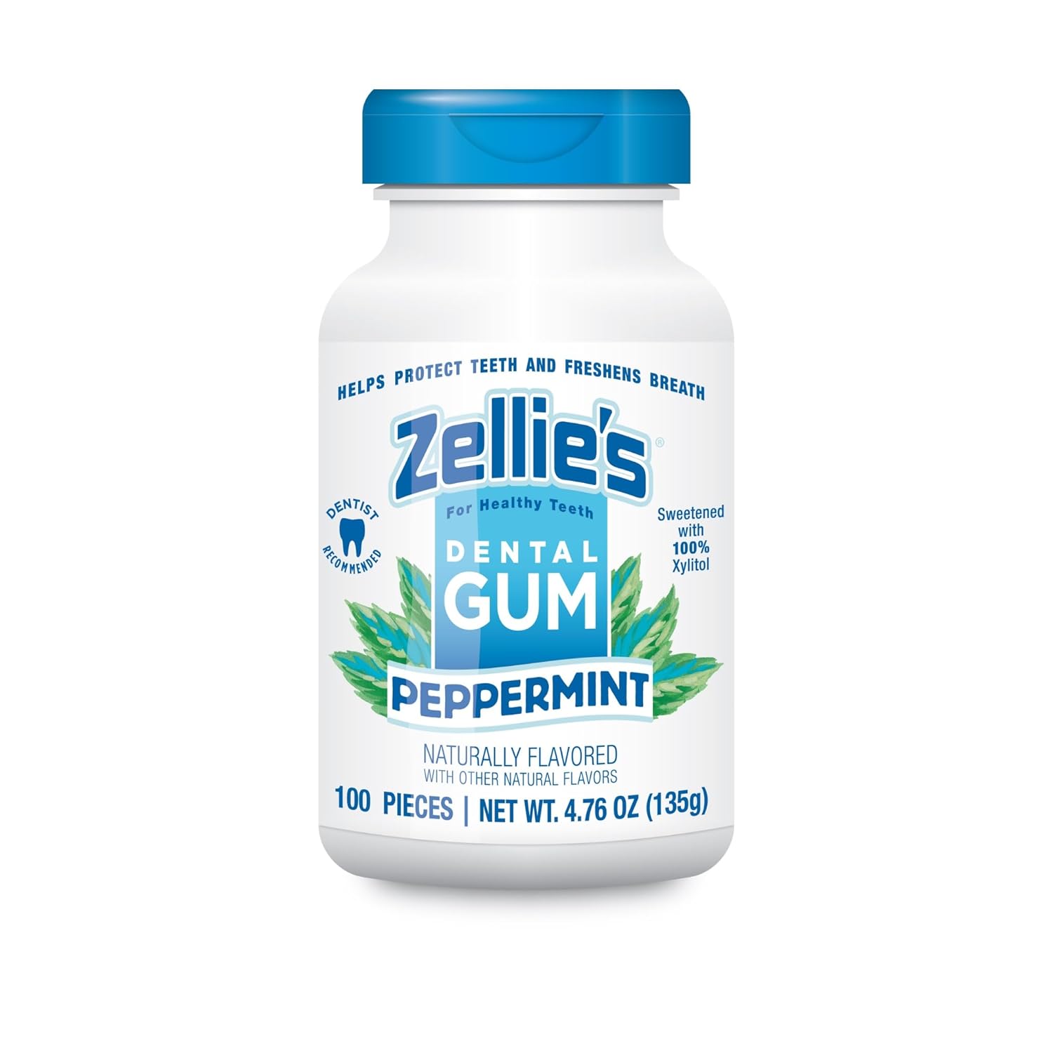 Zellie's | 100% Xylitol Peppermint Chewing Gum | No Aspartame, Gluten Free, Vegan & Kosher (100 Count - Pack of 1)