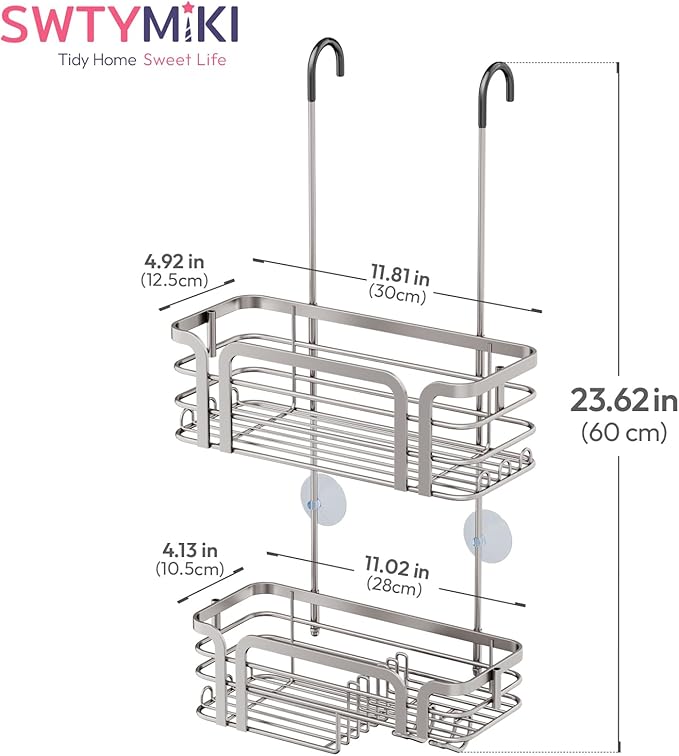 SWTYMIKI Shower Caddy Hanging Organizer - Over the Door Shower Caddy with Soap Holder, 11 Hooks, 2 Installation Ways, Stainless Steel Rustproof Bathroom Organizer, Sand Nickel