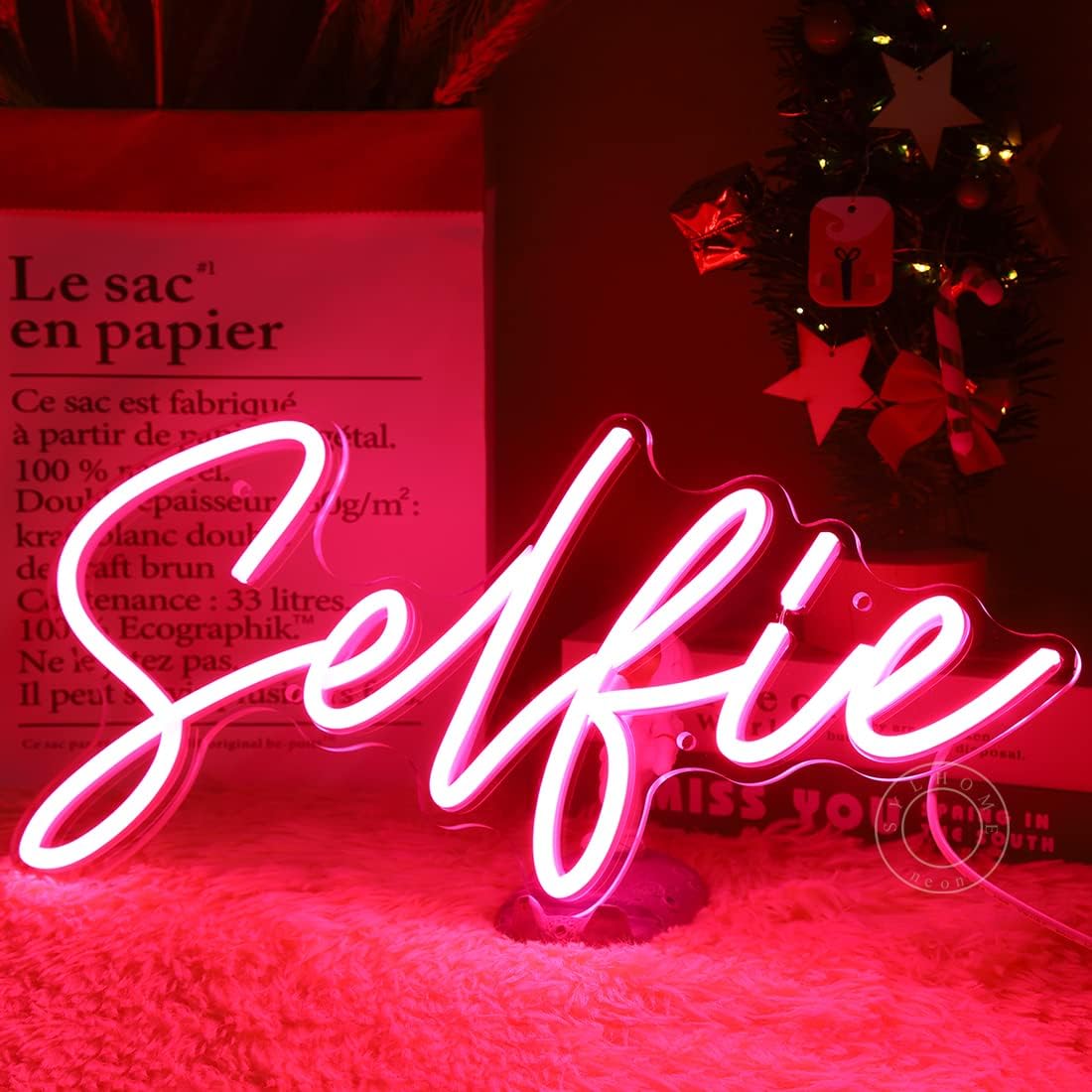 SYLHOME Selfie Pink LED Neon Light Sign Cute Makeup Girls Bedroom Light Up Mirror Wall Decor Sign Photo Studio Boys Kids Room Birthday Party Decor USB 15.2" X 7.1"