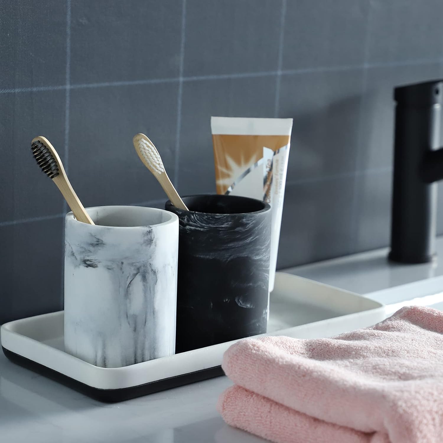 zccz Toothbrush Holder for Bathroom Marble Look, Electric Toothbrush and Toothpaste Holder, Organizer Makeup Brush and Razor, Black Marble Look Toothbrush Cup
