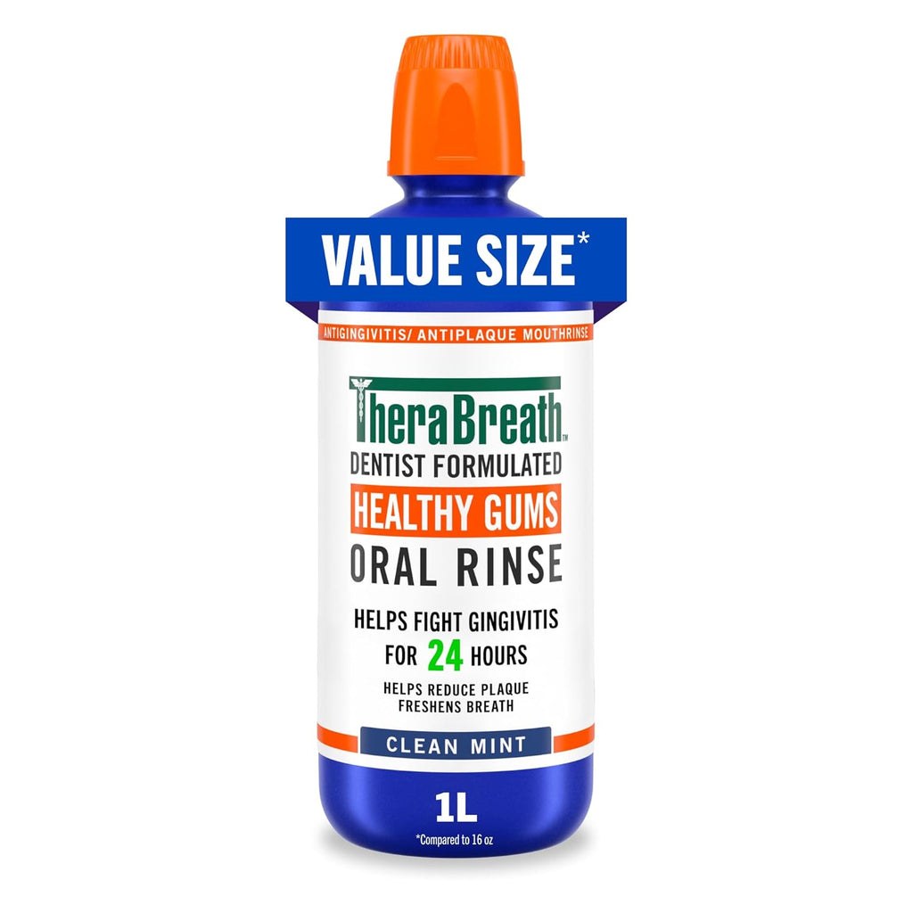 TheraBreath Healthy Gums Oral Rinse, Antigingivitis, Clean Mint Flavor, Dentist Formulated to Help Prevent Gingivitis and Support Gum Health, Alcohol Free, 1 Liter