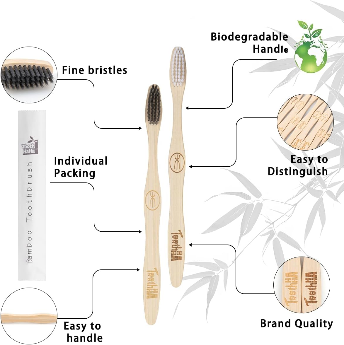 Bamboo Toothbrush Individually Sealed 10 Count, BPA-Free Soft Bristles Toothbrushes for Adults, Eco-Friendly, Natural Charcoal Wooden Toothbrush