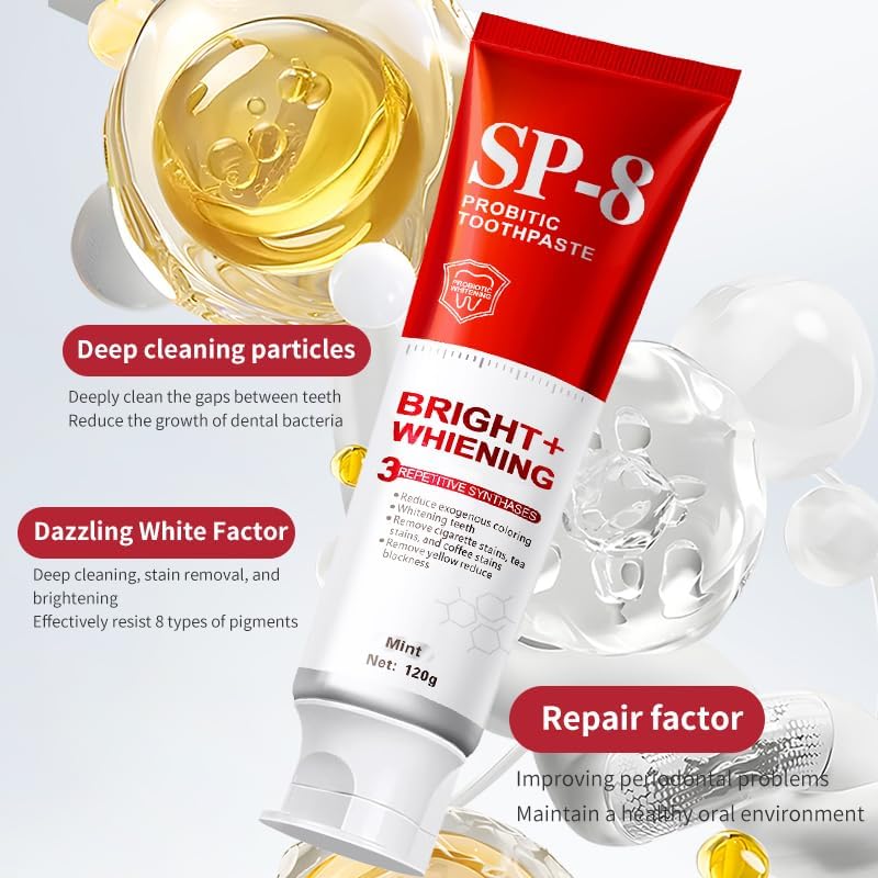 SP-8 Probiotics Whitening Toothpaste - Probiotics for Teeth Whitening and Gum Health - Enamel-Safe, Fluoride-Free, Double Mint Flavor,Fresh Breath-4pcs