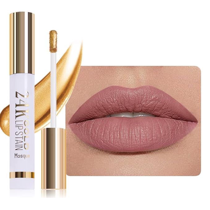 All Day Lip Stain Peel Off Gold Liquid Lip Gloss Tattoo, Mauve Matte Finish Peel Off Lip Stain Masque, Long Lasting Waterproof Lip Tint, Transfer-proof for All Skin Types 04#