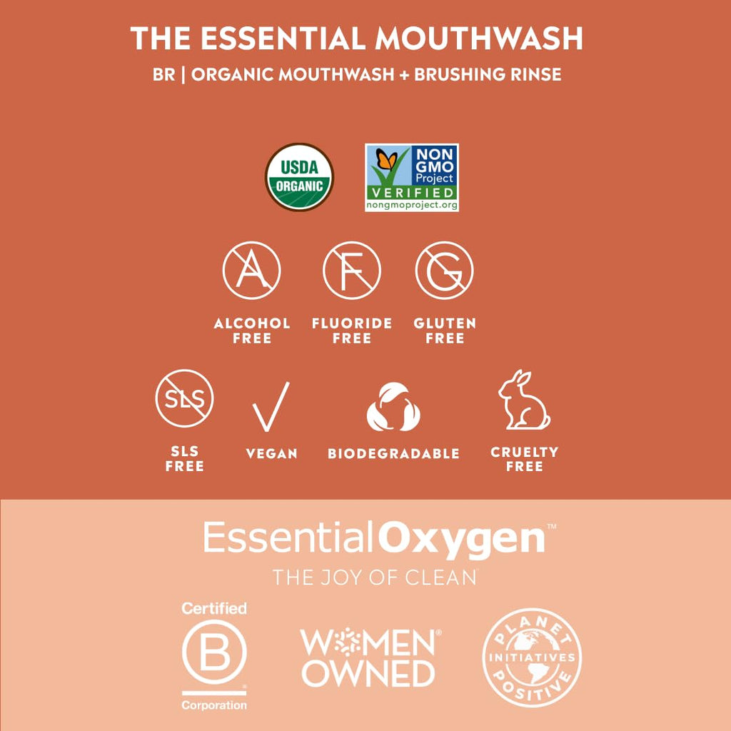 Essential Oxygen BR Certified Organic Brushing Rinse, All Natural Mouthwash for Whiter Teeth, Fresher Breath, and Happier Gums, Alcohol-Free Oral Care, Cinnamint, 2 Piece Set, 16 Oz