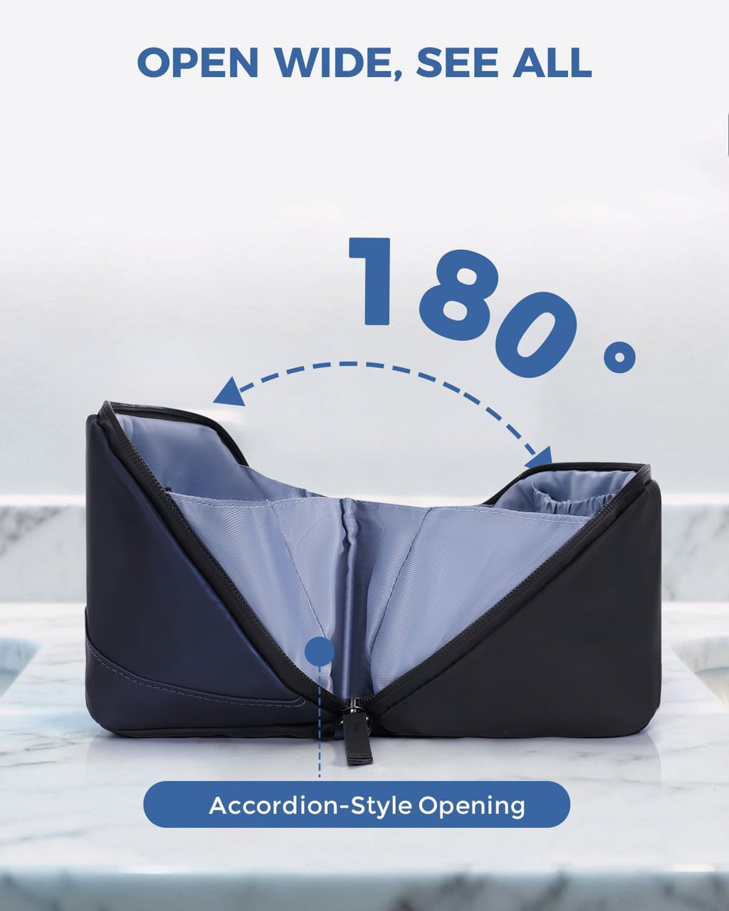 WANDF Toiletry Bag for Men, PU Leather Travel Organizer with Detachable Waterproof Hanging Pouch, Open-Flat Dopp Kit Shaving Bag with Wet Pocket for Travel Toiletries Accessories (Navy Blue)