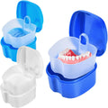 3 Pack Colors Denture Bath Case Cup Box Holder Storage Soak Container with Strainer Basket for Travel Cleaning (White, Blue, Light Blue)