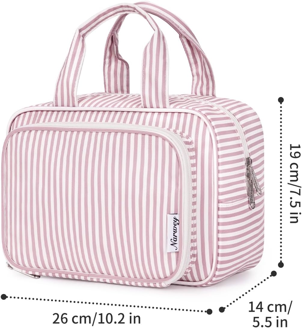 Narwey Large Travel Toiletry Bag for Traveling Women, Cosmetic Makeup Bag Make Up Organizer, Striped Travel Bag for Toiletries with Handle (Dusty Rose Stripe)