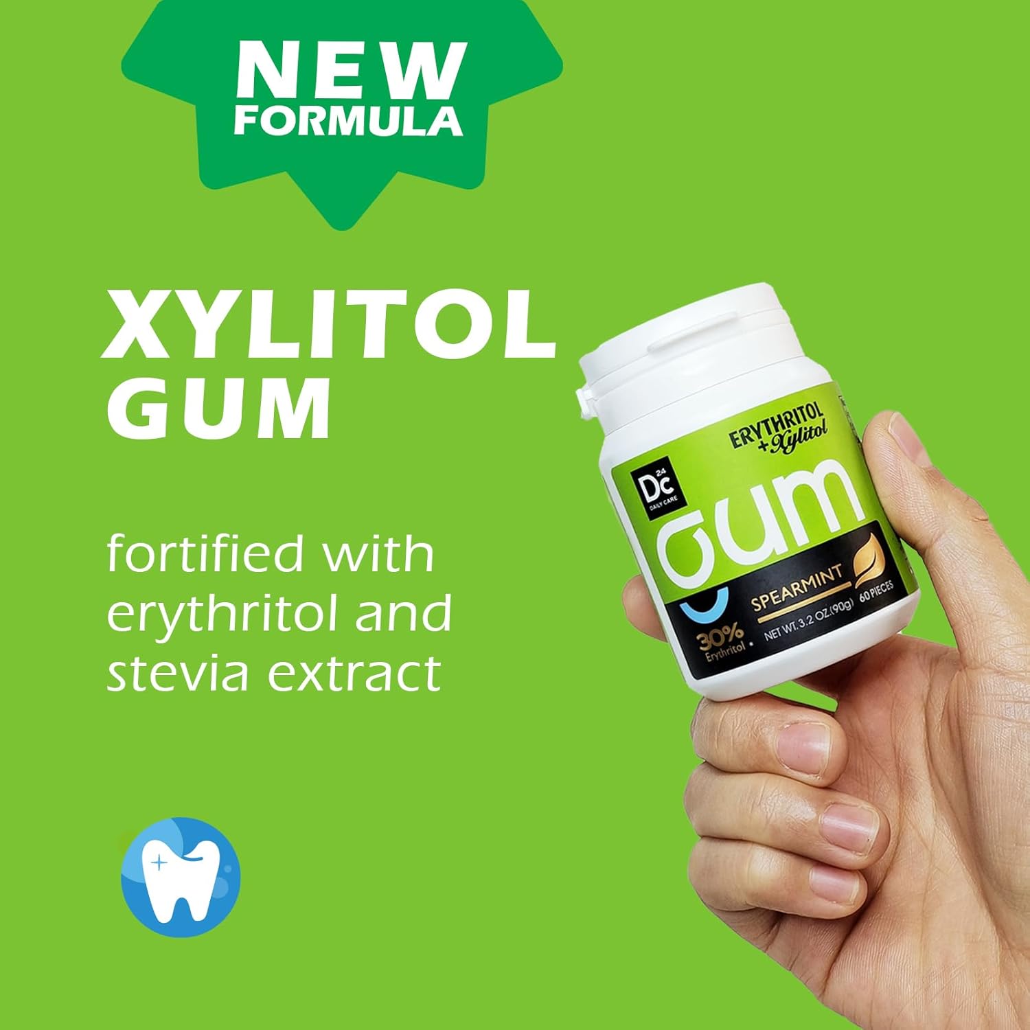 DC24 DAILY CARE Xylitol Chewing Gum with Erythritol, Aspartame Free & Sugar Free Gum, Low-Calorie, Sugarless, Long Lasting Spearmint, 60 Pieces (Pack of 1)