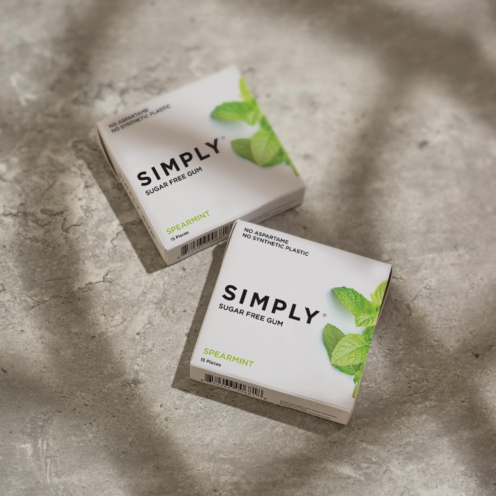 SIMPLY Gum | Dental Gum | Xylitol Chewing Gum - Sugar Free | Spearmint | Pack of Six (90 Pieces Total) | Synthetic Plastic Free + Sugar Free + Aspartame Free