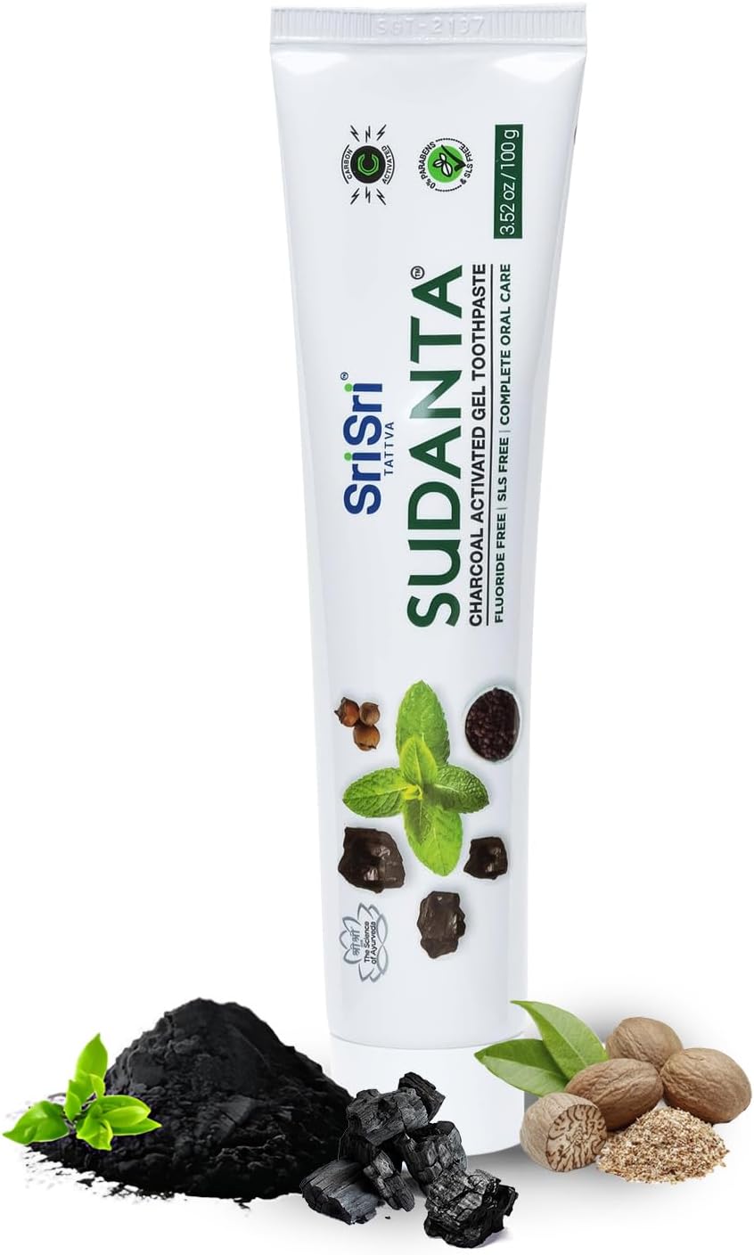 Sri Sri Tattva Sudanta Charcoal Toothpaste Gel – SLS, Fluoride Free Herbal Toothpaste with Neem & Ayurvedic Herbs – Natural Teeth Whitening, Fresh Breath, Oral & Gum Health – 100g Tube (Pack of 1)