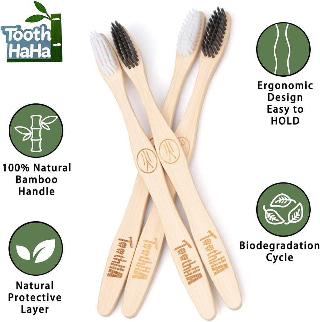 Bamboo Toothbrush Individually Sealed 10 Count, BPA-Free Soft Bristles Toothbrushes for Adults, Eco-Friendly, Natural Charcoal Wooden Toothbrush