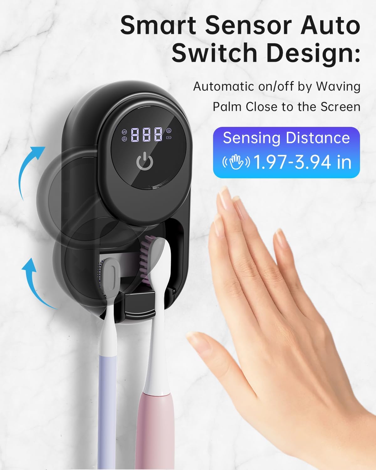 Toothbrush Holder & Toothbrush Cleaner, UV Toothbrush Sanitizer and Holder 2 Slots, Cleaning and Fan & Heat Drying, LED Smart Screen, Wall Mounted Tooth Brush Holder for Bathrooms (Black)