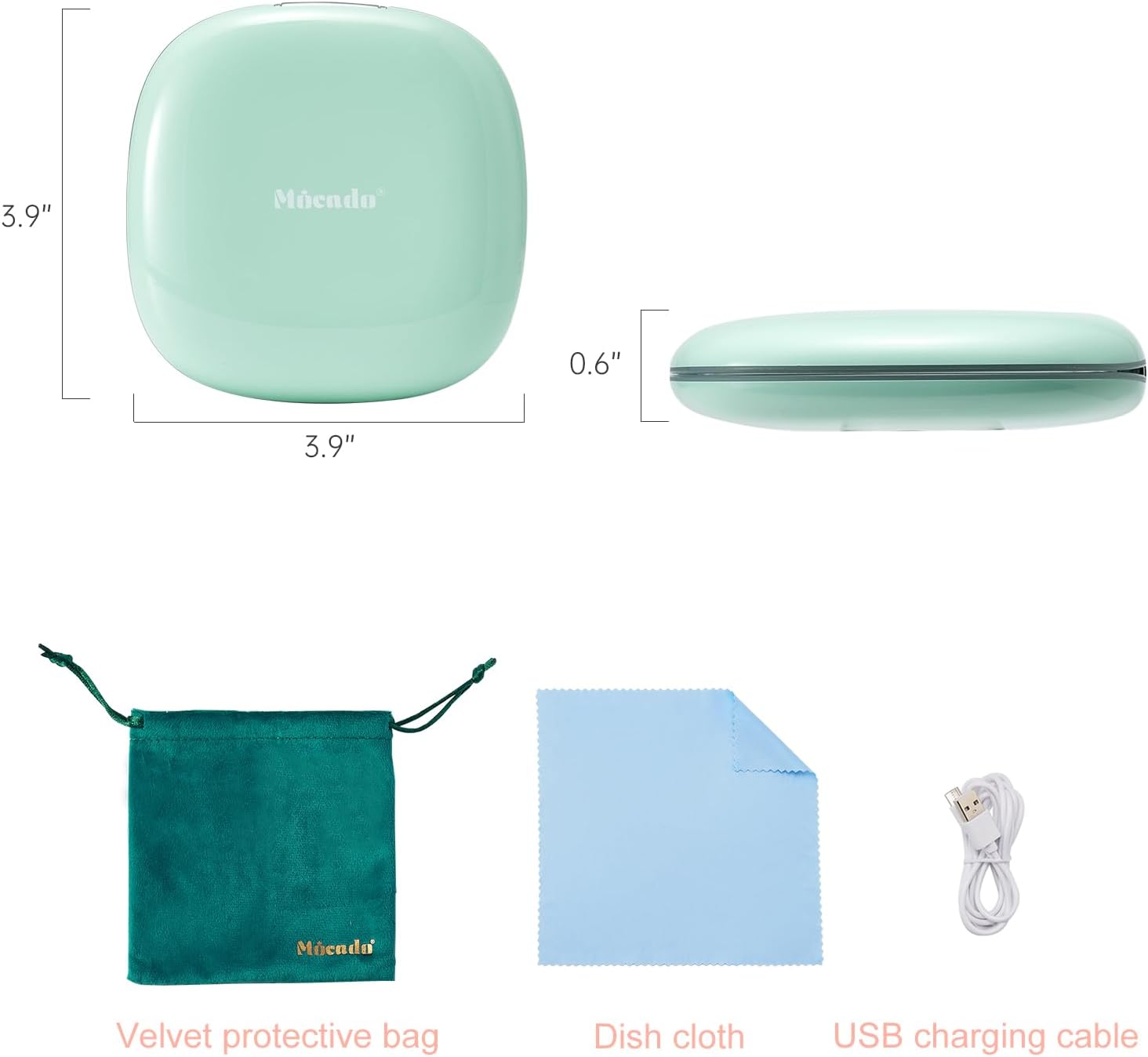 Mocado Compact LED Travel Makeup Mirror - 4 Inches 1X/10X Magnification Travel Mirror with Light Dimmable Double Sides Lighted USB Rechargeable Compact Mirror for Purse,Pocket,Travel(Powdery Green)