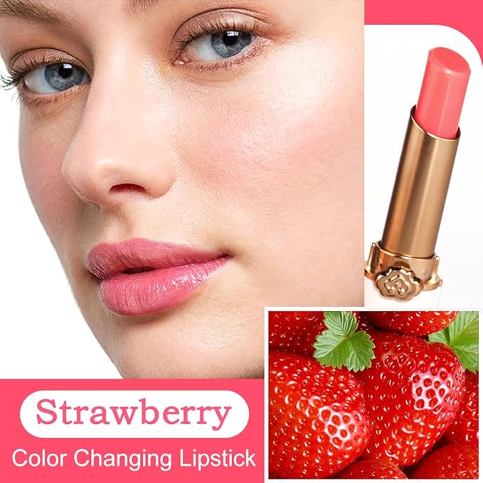 BINGBRUSH Peach Color Changing Lipstick,Moisturizer Long Lasting Lip Care Lip Balm Magic Lip Gloss Lip Tint Stain Gloss Set for Women (1pc Strawberry)