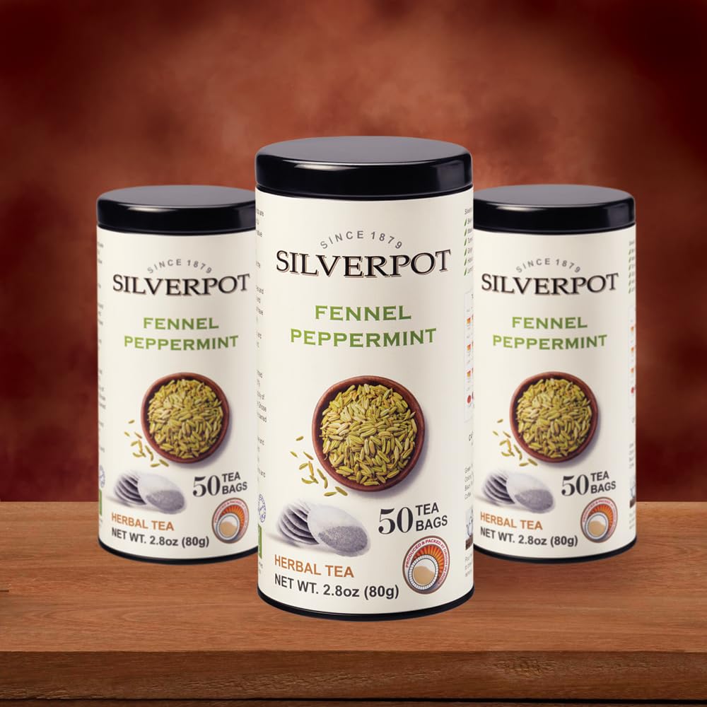 Silverpot Fennel & Peppermint - 50 Round Tea Bags | Naturally Caffeine Free | Fennel Seeds, Cooling Mint | Reusable Tin