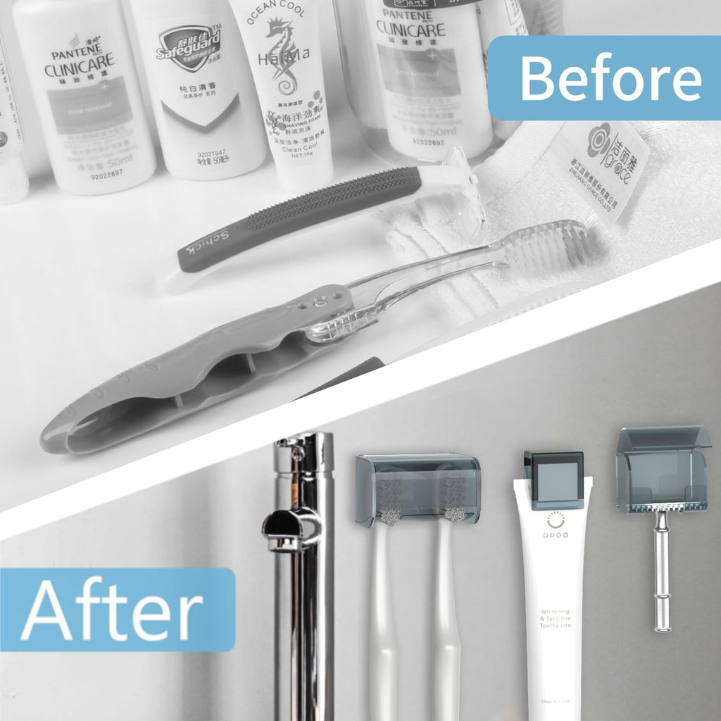 3 Pack Toothbrush Holders Toothpaste Clip and Razor Holder with Cover for Bathroom,Wall Mounted, Self Adhesive, Waterproof, 2 Slots Plastic Toothbrush Organizer Storage
