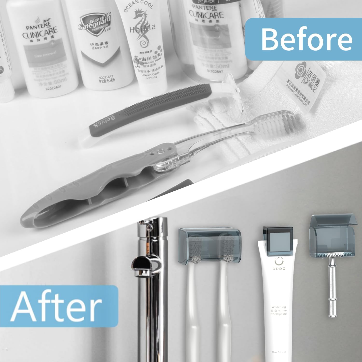 3 Pack Toothbrush Holders Toothpaste Clip and Razor Holder with Cover for Bathroom,Wall Mounted, Self Adhesive, Waterproof, 2 Slots Plastic Toothbrush Organizer Storage