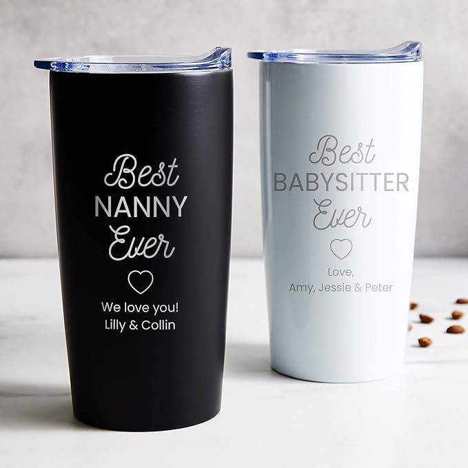 Lifetime Creations Engraved Personalized Best Nanny Ever Stainless Steel Tumbler with Lid 20 oz (Black) - Babysitter, Daycare, Au Pair Coffee Travel Mug Gift