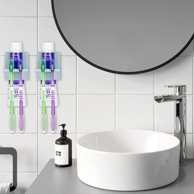 2 PCS Self-Adhesive Toothbrush Holders Wall Mounted, Water Proof Toothbrush Hook, 3 in 1 with Toothbrush Hanger Toothpaste Holder and Gargle Cup Holder for Bathroom Shower (Blue)