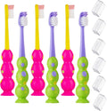 Kids Toothbrush 6 Pack - Soft Contoured Bristles - Child Sized Brush Heads (3-10 Year Old) - Suction Cup for Fun & Easy Storage - Girl & Boy Set (6-Pack, Green & Pink)