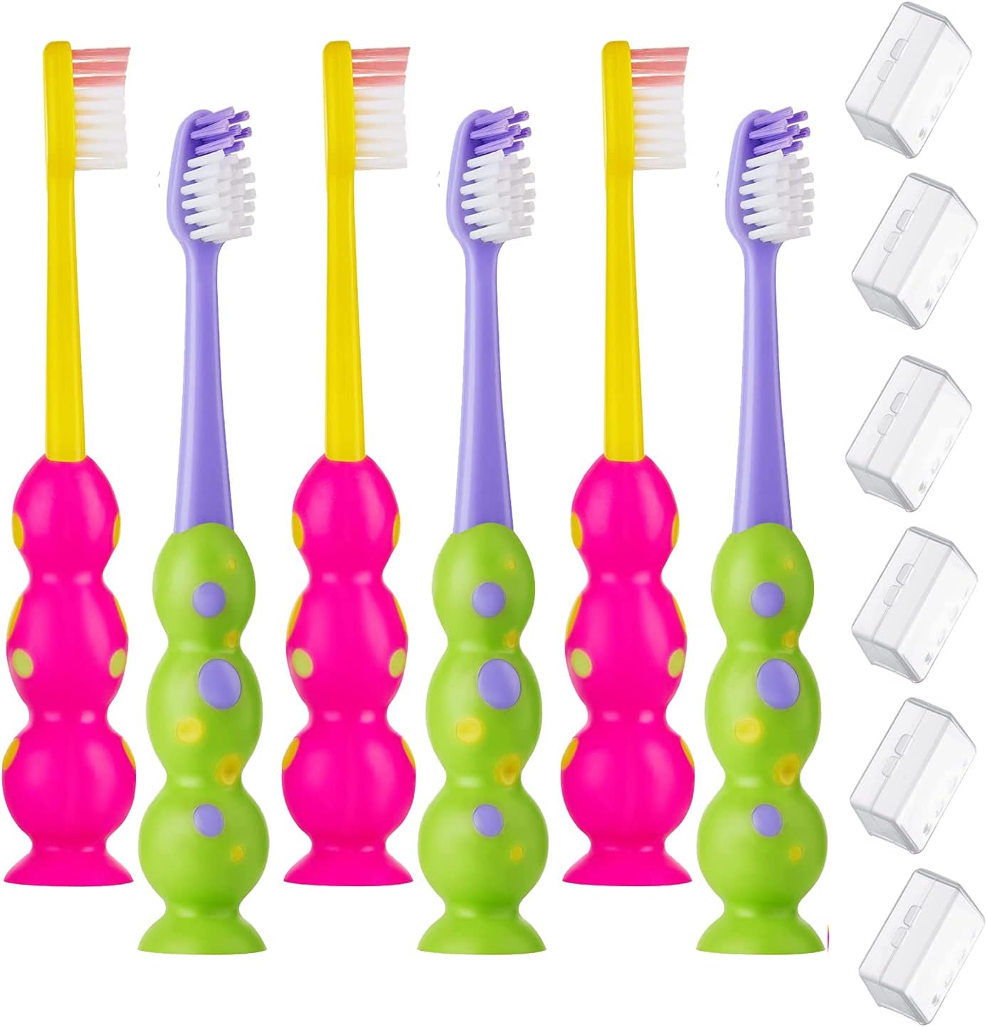 Kids Toothbrush 6 Pack - Soft Contoured Bristles - Child Sized Brush Heads (3-10 Year Old) - Suction Cup for Fun & Easy Storage - Girl & Boy Set (6-Pack, Green & Pink)