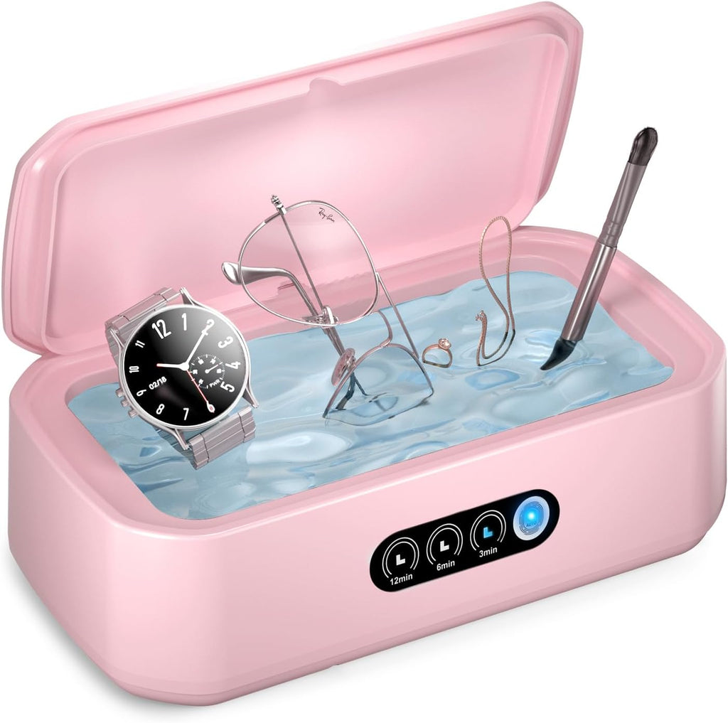 WINTERCRUSH Ultrasonic Retainer Cleaner for Tooth: 50KHz Jewelry Cleaner Deep Cleaning Machine - 650ML Dental Cleaning Pod for Dentures/Mouth Guards/Eyeglasses-3 Timers -Stainless Steel- Pink