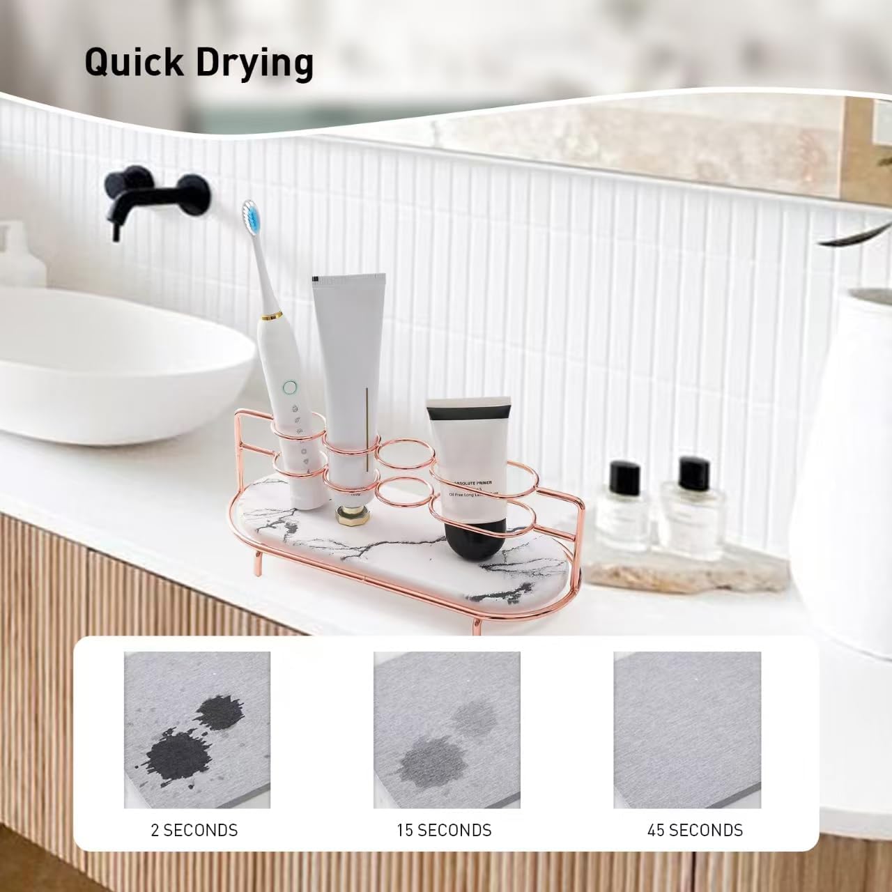 Toothbrush Holders for Bathroom,Metal Toothbrush Organizer with Diatomite Base, Water Absorption Quick Drying Bathroom Organizers and Storage,for Electric Toothbrush,Toothpaste,Razor,Makeup.Golden