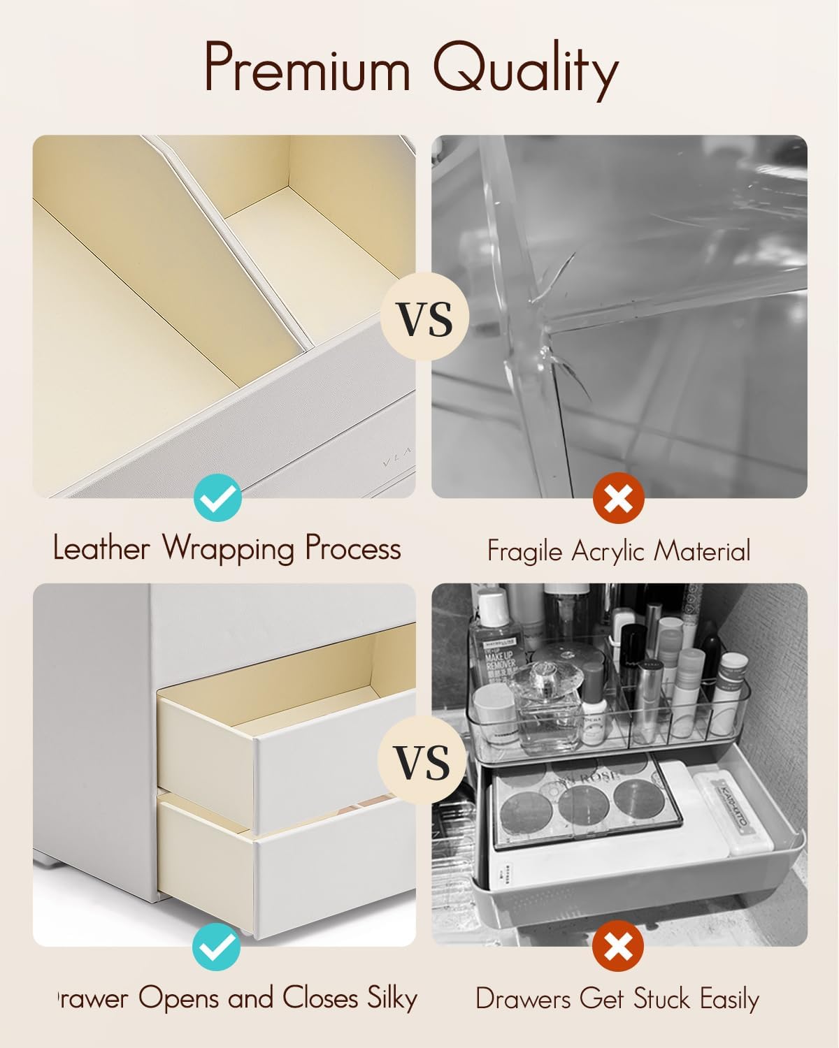 Vlando Makeup Organizer for Vanity,Large Capacity Countertop Organizer with Drawers, PU Leather Cosmetic Display Case for Lipstick,Brushes,Skincare,Nail polish and Bedroom Storage (White)