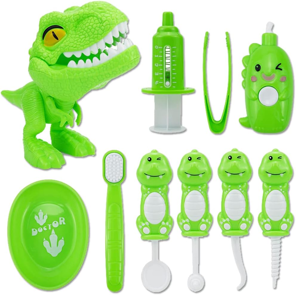 10PCS Plastic Dinosaur Simulation Dentist Play Set Animal Animation Medical Kit Pretend Toy for Kids Hygienic Habbit Cultivation Role Play Game for Children 4 Colors Simple OPP Bag Packaging (Green)