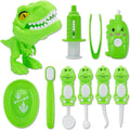 10PCS Plastic Dinosaur Simulation Dentist Play Set Animal Animation Medical Kit Pretend Toy for Kids Hygienic Habbit Cultivation Role Play Game for Children 4 Colors Simple OPP Bag Packaging (Green)