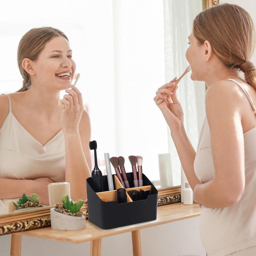 Set of 2 Black Toothbrush Holders for Bathrooms,Electric Toothbrush and Toothpaste Holder with Divider for Bathroom Countertop Organizer,Toothbrush Caddy for Counter Vanity Storage