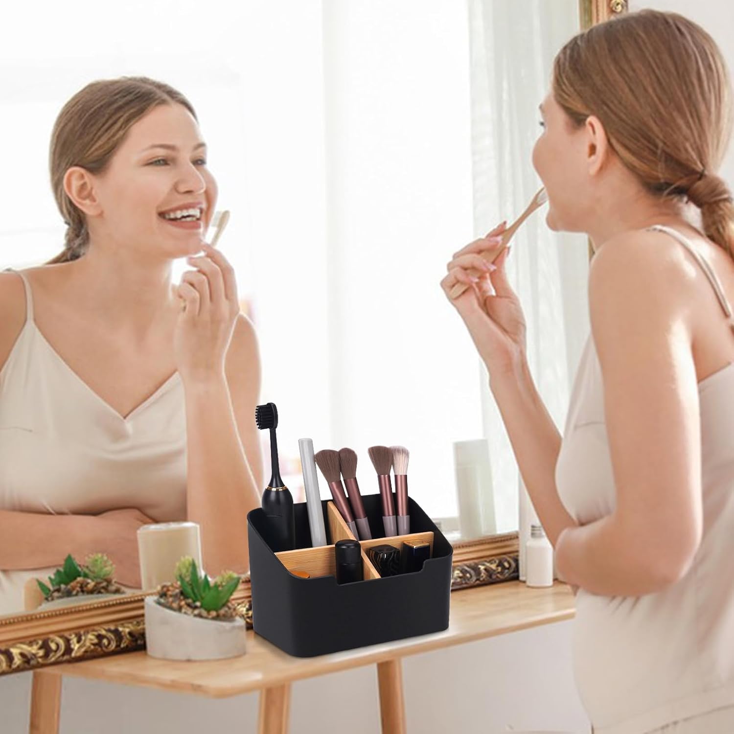 Set of 2 Black Toothbrush Holders for Bathrooms,Electric Toothbrush and Toothpaste Holder with Divider for Bathroom Countertop Organizer,Toothbrush Caddy for Counter Vanity Storage