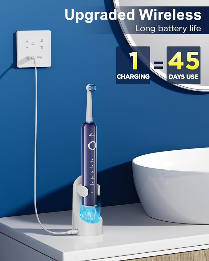 Rtauys Rotating Electric Toothbrush for Adults with 8 Brush Heads (2 Types), 5 Modes Rechargeable Power Toothbrush with Travel Case and 2 Minute Smrte Timer