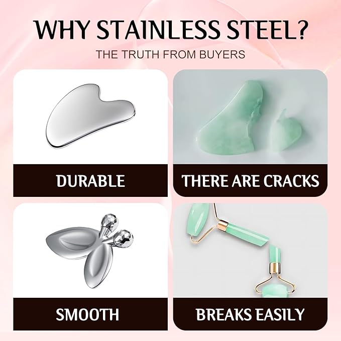 Gua Sha Facial Tools and Face Roller Set, Stainless Steel Facial Sculpting Eyes Roller Guasha for Face, Chin & Jawline Sculpting,Skin Care (Stainless Steel)