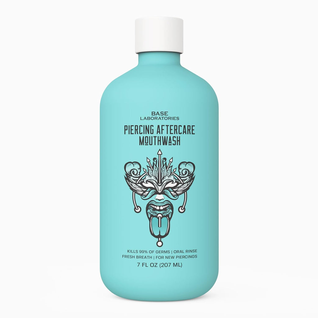 Base Laboratories Piercing Aftercare & Oral Care Mouthwash - Alcohol-Free, Fluoride-Free Healing Rinse for Tongue, Lip, Cheek, & Gum Health - Mint-Cantaloupe Flavor - 16 oz