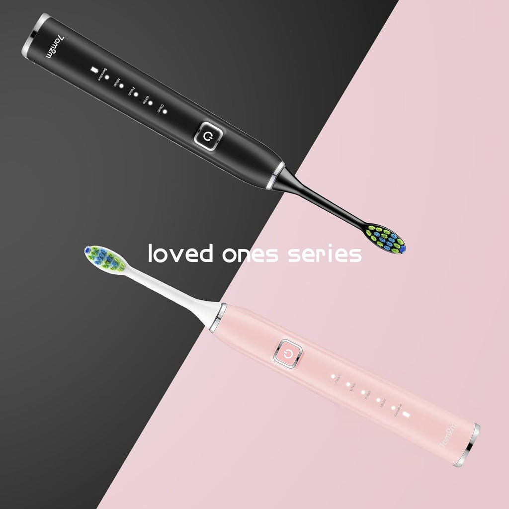 7AM2M Electric Toothbrush 2 Pack Set for Kids and Adults, 12 Brush Heads,5 Adjustable Modes, Built-in 2-Minute Smart Timer,Wireless Fast Charge for 60 Days,IPX7 Waterproof SonicToothbrush(Black+Pink)