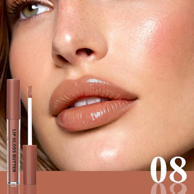 2Pcs Brown Nourishing Lip plumper Gloss, Long Wear Hydration Mini Liquid Lipstick Makeup, Moisturizing High Shine Lip Glow Oil Fresh Lightweight Glossy Plumping Lip Gloss for Women (08+12)