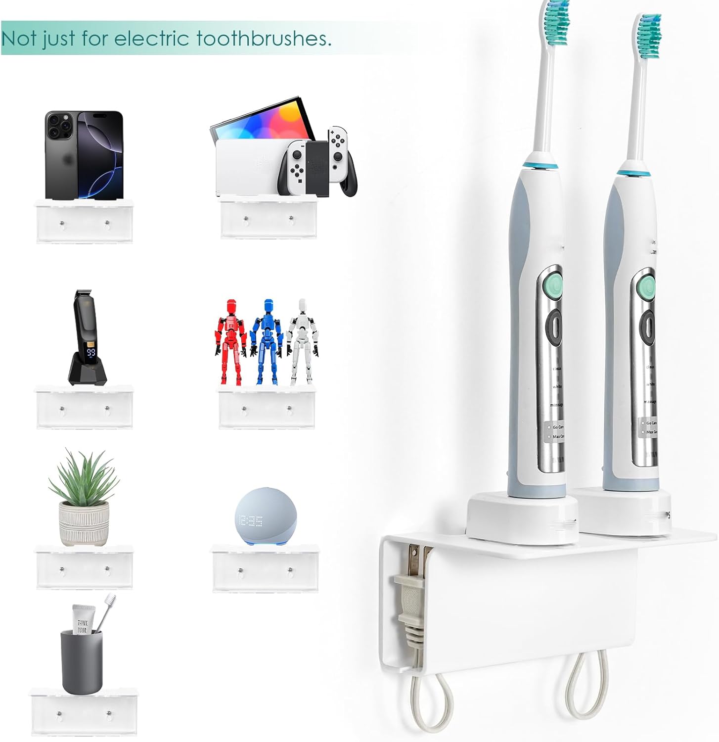 Modern Acrylic Wall Mounted Electric Toothbrush Holder with Hidden Cable Management - Space-Saving Bathroom Organizer for Shower-Safe, Waterproof Adhesive Mount No Drill-White