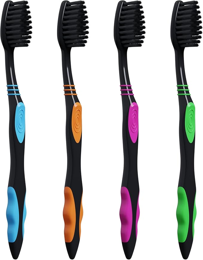 Charcoal Toothbrushes - Deep Clean Charcoal Soft Bristle Toothbrush - Multi Colored - Individually Wrapped - with Covers, for Travel, Kids, Family, Dental Care 12 Pack