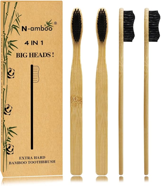 Super Hard Toothbrush Bamboo Toothbrush Large Brush Head Manual Toothbrsuh Hard Bristles Pack of 4