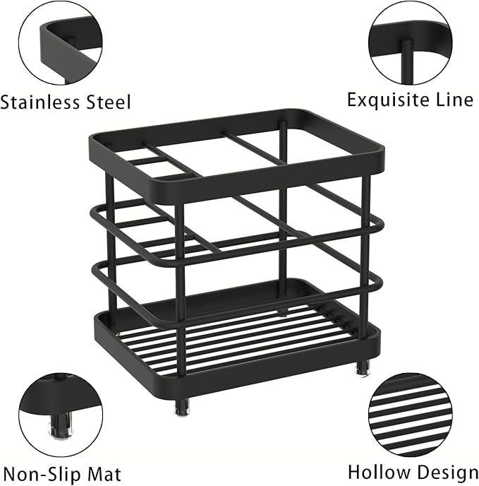 Toothbrush Holder - WHALCHI Stainless Steel Tooth Brush Toothpaste Holder for Bathrooms, Multi-Functional 5 Slots Bathroom Countertop Accessories Organizer, Black