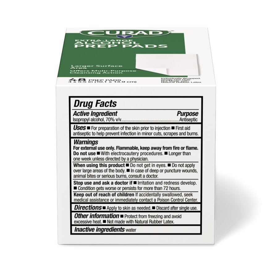 CURAD XL Alcohol Prep Pads, Extra Large 4” x 5.5”, 144 Sterile Isopropyl Alcohol Wipes Individually Wrapped, for First Aid, Cuts, and Scrapes, Large Size for Cleaning and Sanitizing, Pack of 3 Boxes