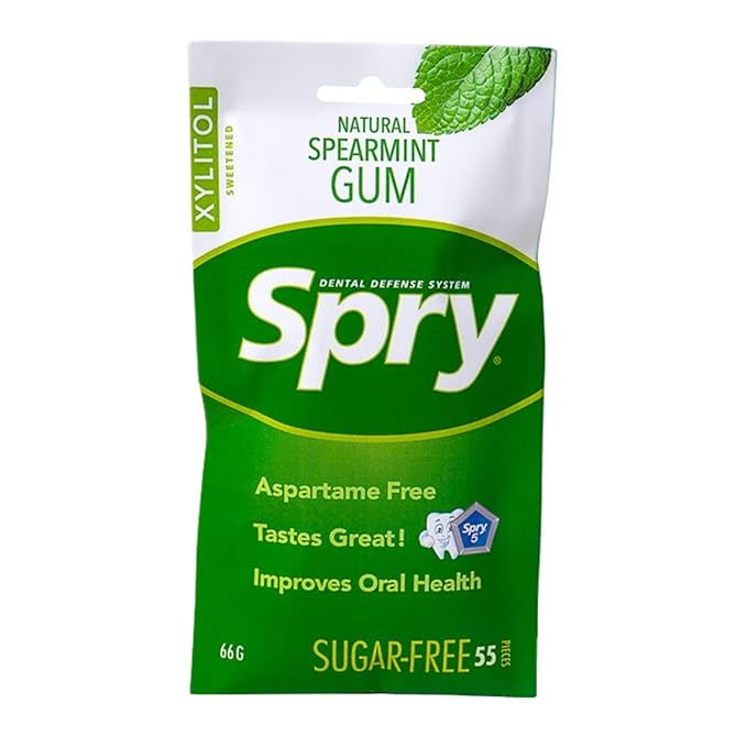 Spry On The Go Fresh Natural Xylitol Chewing Gum Dental Defense System - Aspartame-Free, Sugar-Free, Non-GMO (Spearmint, 55 Count - Pack of 1)
