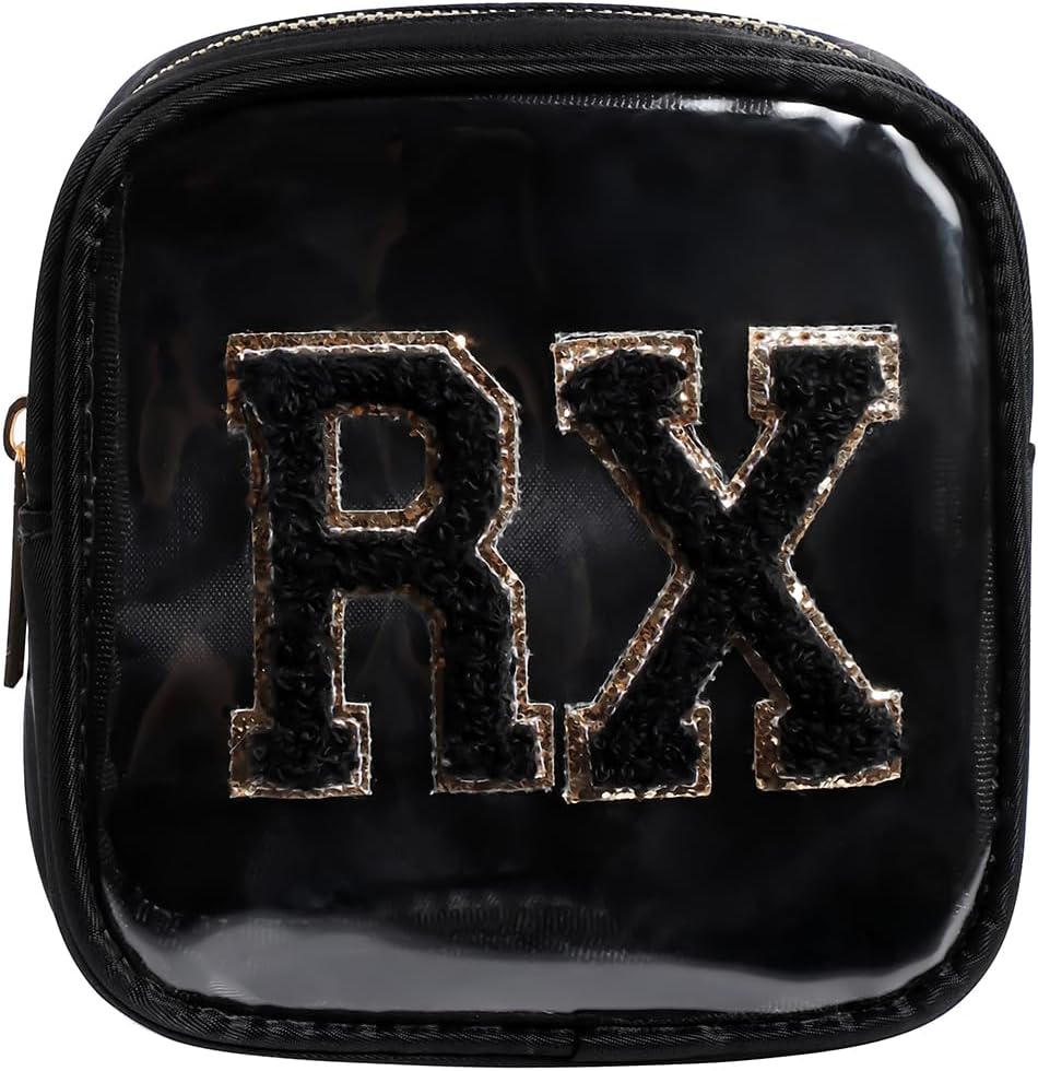 Small Chenille Letter Clear Medicine Makeup Bags,Nylon PVC Waterproof Rx Pouch with Metal Zipper, Cute Drug First Aid Travel Organizer for Women Girls(05Black)