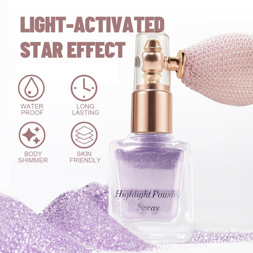 Violet Highlighter Spray, Professional Shiny Glitter Spray for Eyeshadow Face and Body Luminizers, Loose Shimmer Powder Makeup Mist for Women Kid Rave Outfits Festival Accessories