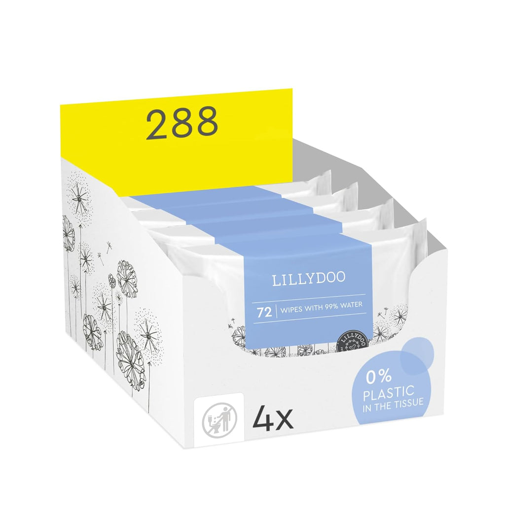 LILLYDOO Baby Wipes with 99% Water – Unscented, Hypoallergenic, Plant-Based, Strong & Plastic-Free, Compostable, 4 resealable Packs x 72 (288 Wipes Total)