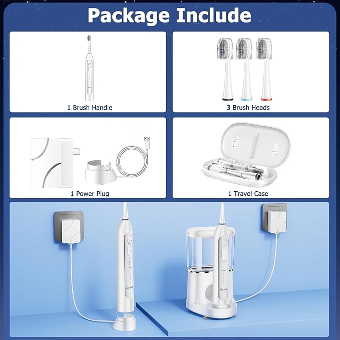 Electric Toothbrush with Water Flossers for Adults, Upgrade Flossing Toothbrush Combo, 5 Floss Speeds&3 Brush Modes, 500mL Tank, 30-Day Battery, for Adults & Teens, Gums, Braces, Dental Care, White