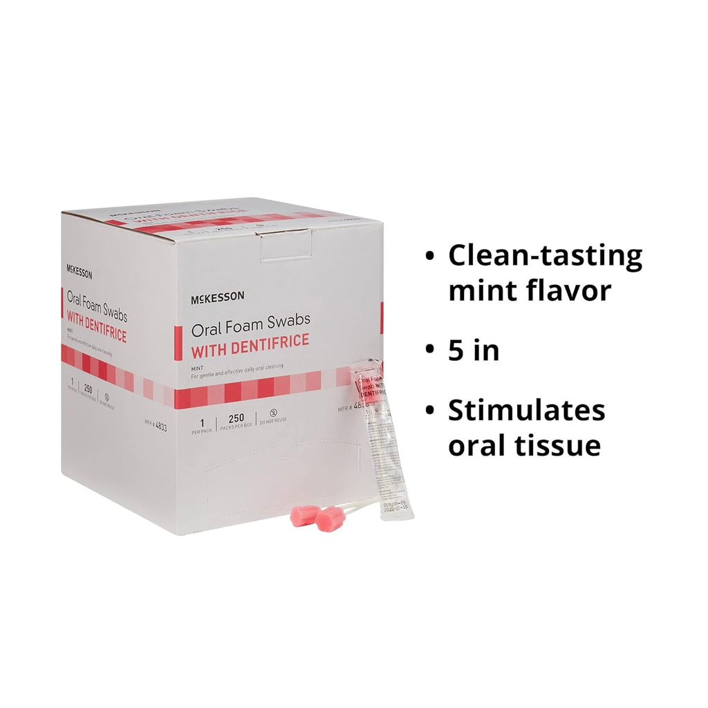 McKesson Oral Foam Swabs with Dentifrice, Gentle and Daily Oral Cleaning, Mint, 250 Count, 1 Pack